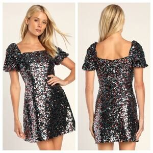 Lulu’s | NWT Womens Crave it Like Candy Blue Multi Sequin Puff Sleeve Mini Dress